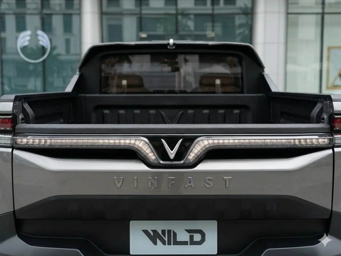 Cận cảnh thiết kế đuôi xe VinFast VF Wild làm nổi bật cụm đèn hậu LED chạy ngang đồng nhất và logo chữ V đặc trưng.