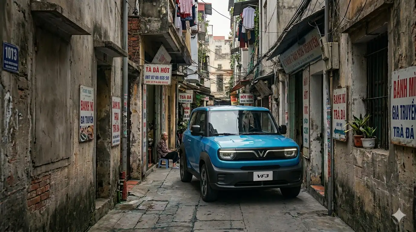 VinFast VF3 dễ dàng di chuyển trong các ngõ nhỏ hẹp tại Hà Nội nhờ bán kính vòng quay tối ưu