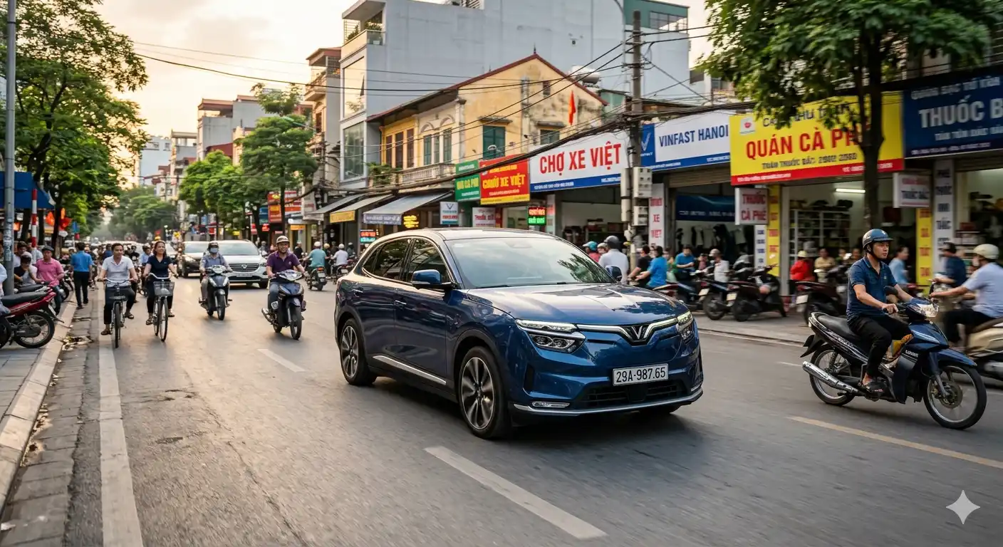 VinFast VF 8 màu xanh Blue di chuyển trên phố với hệ thống trợ lực điện biến thiên theo tốc độ linh hoạt cho gia đình