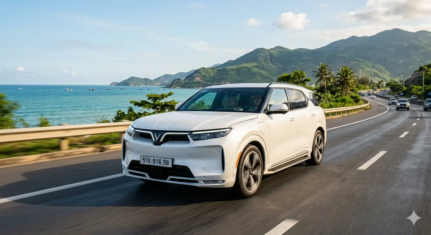 VinFast VF 9 vận hành thực tế trên đường trường sử dụng hệ thống treo khí nén giúp gia đình di chuyển êm ái