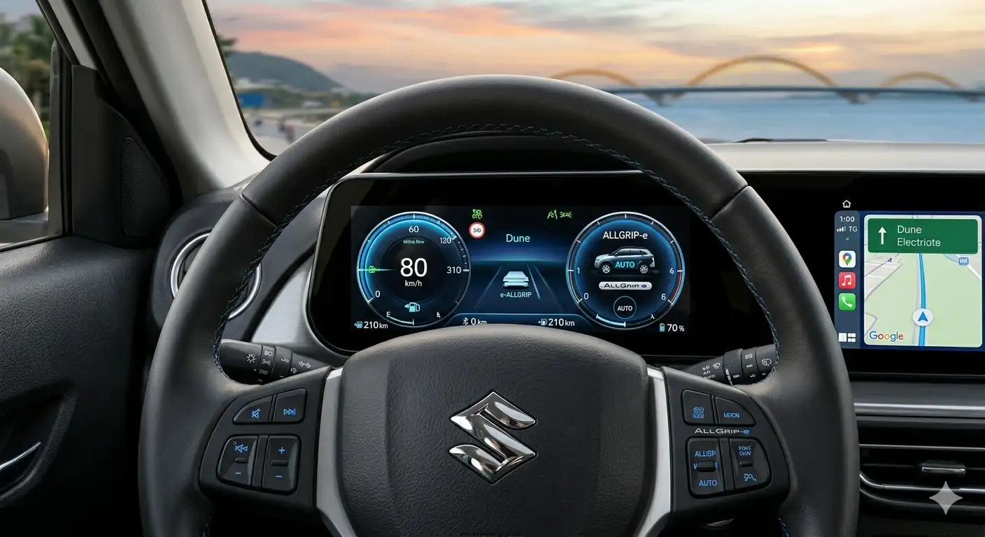 Chi tiết vô lăng D-cut tích hợp phím chức năng và bảng đồng hồ hiển thị thông tin pin xe điện Suzuki eVitara.