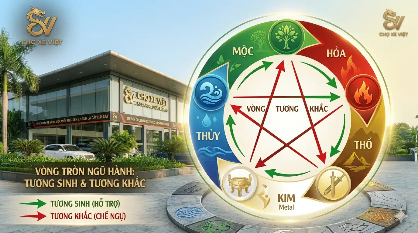 Đồ họa mô phỏng chi tiết vòng tương sinh và tương khắc của Ngũ hành: Kim, Mộc, Thủy, Hỏa, Thổ tại Chợ Xe Việt