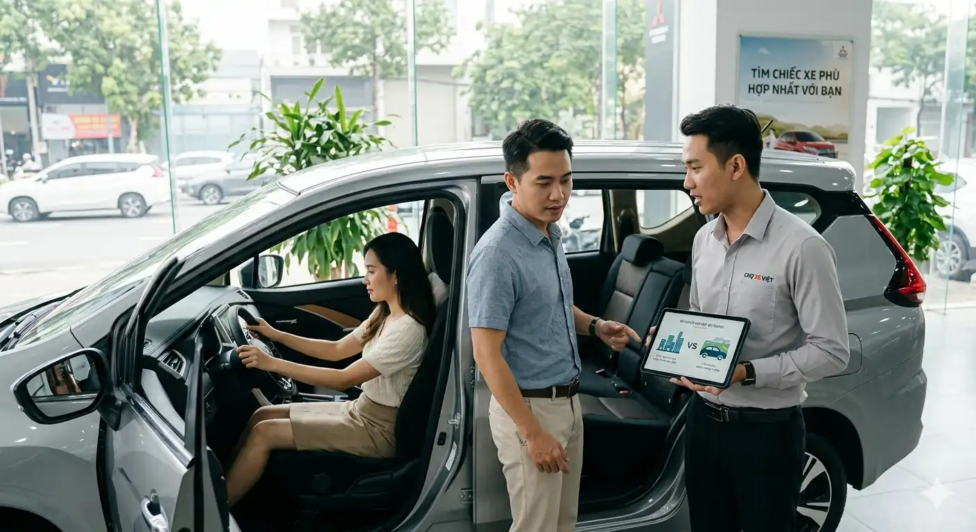 Chuyên gia tư vấn Chợ Xe Việt hướng dẫn khách hàng xác định nhu cầu sử dụng xe hơi thực tế tại showroom