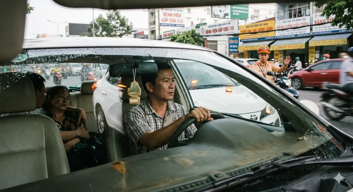 Hình ảnh tài xế lái xe cá nhân chở người bệnh đi cấp cứu và được cảnh sát giao thông hỗ trợ dẫn đường