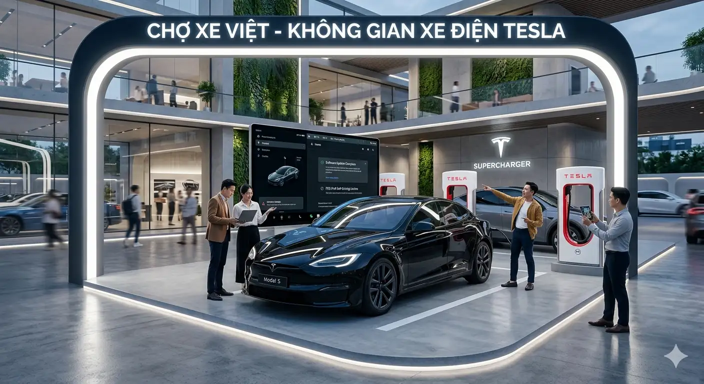 Xe điện Tesla Model S và hệ thống trạm sạc Supercharger hiện đại tại Chợ Xe Việt.
