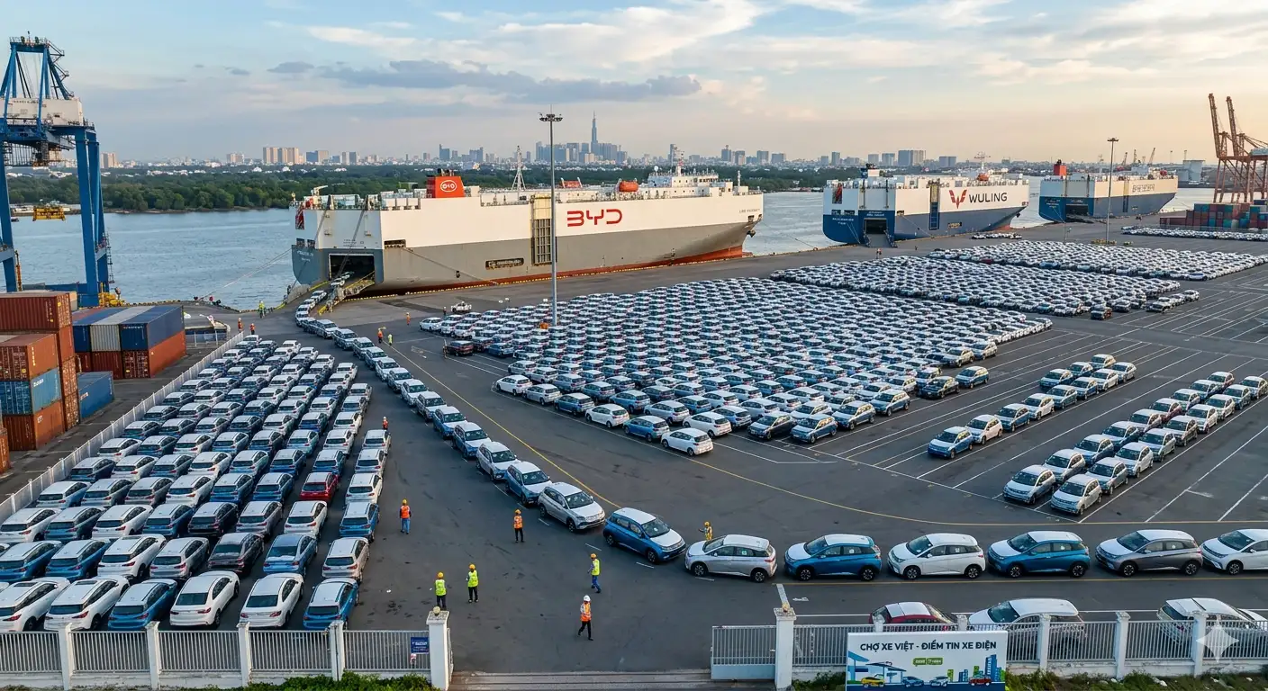 Hàng nghìn chiếc ô tô điện Trung Quốc từ các hãng BYD và Wuling đổ bộ về cảng biển Việt Nam đầu năm 2026.