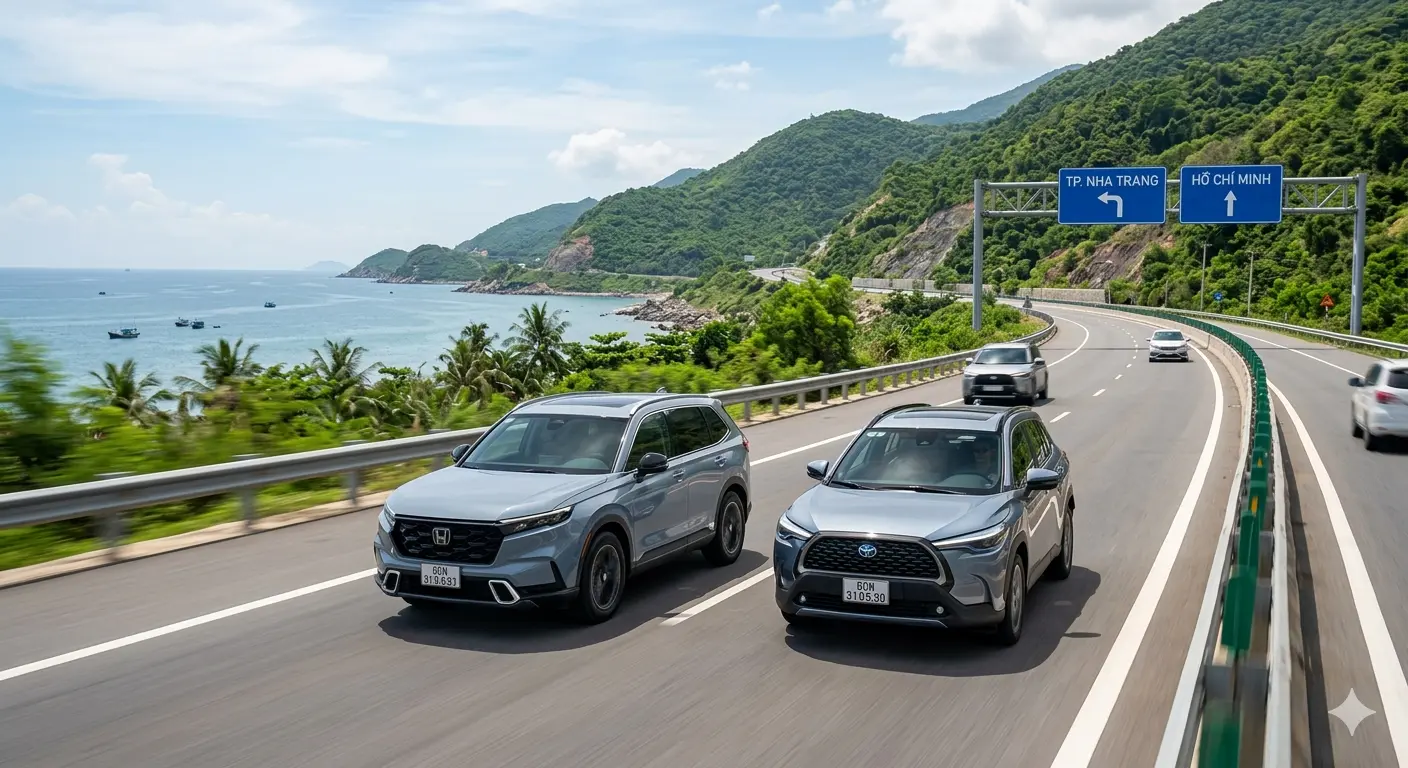 Hai mẫu ô tô Hybrid hiện đại di chuyển trên cung đường ven biển minh chứng cho khả năng vận hành linh hoạt không lo trạm sạc