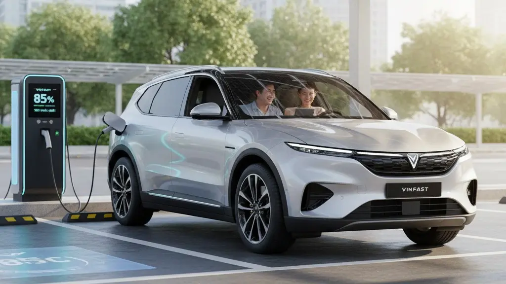 Xe ô tô điện Vinfast đang sạc pin tại trạm sạc hiện đại trong đô thị năm 2026